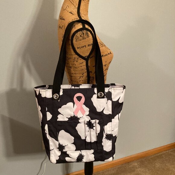 Thirty-One Zip Top Tall Tote Poppy Black & White Retired Bag - Picture 1 of 16